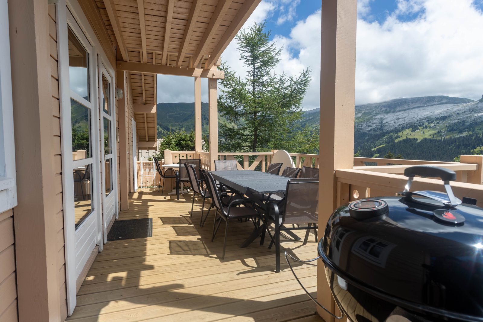 Terrasse couverte avec grande table et barbecue à charbon